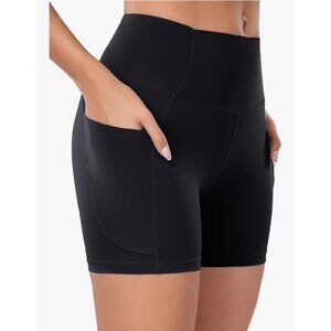 Oalka Shorts Solid Black Side Pockets High Waist Workout 4” Nylon Spandex Medium